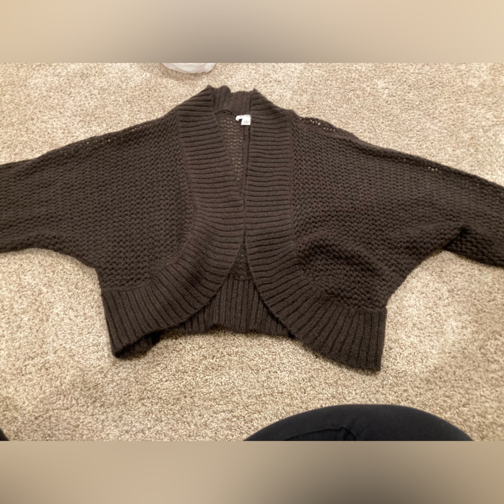 Women Ann Taylor loft brown open-front cardigan sweater crop layering chunk knit